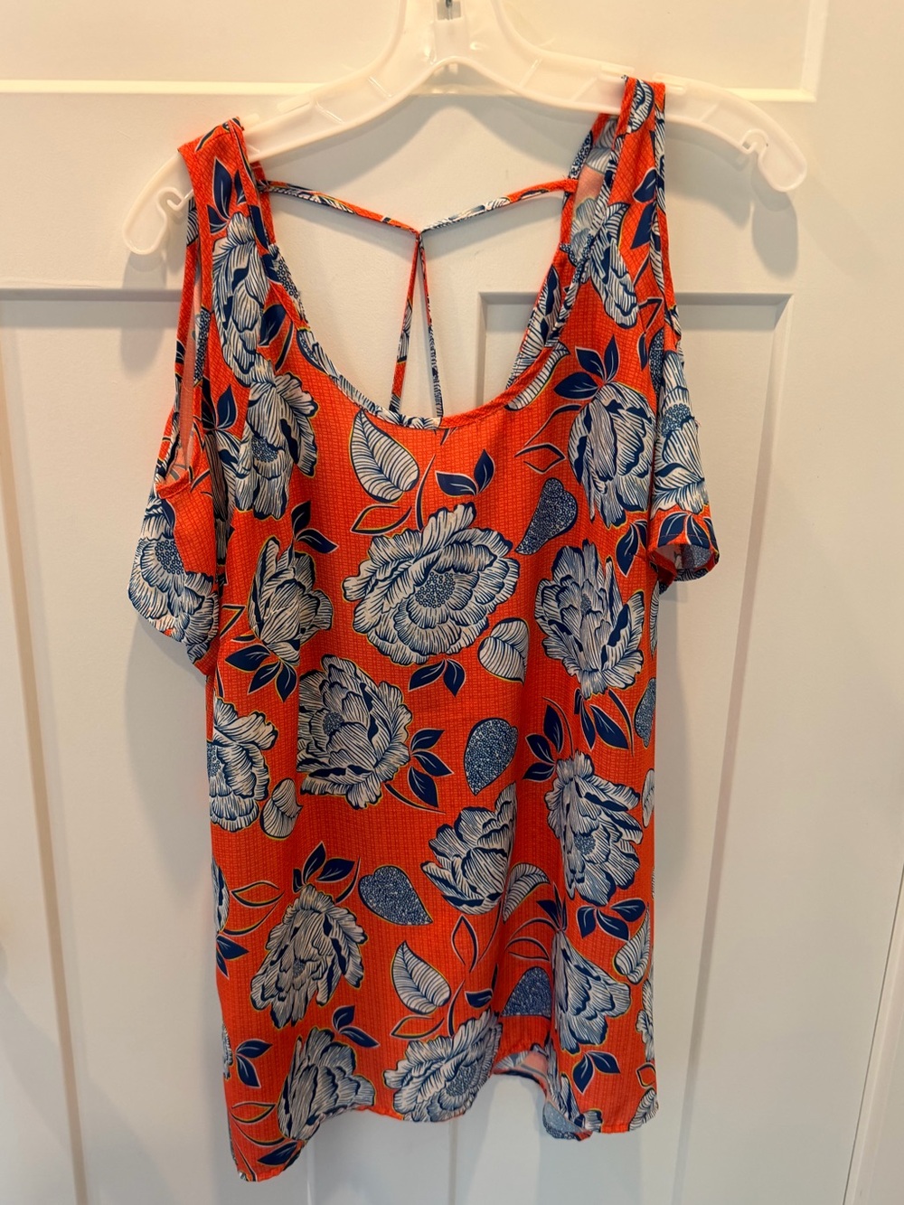 KUT from the Kloth L Orange Navy Floral Cold Shoulder Blouse Resort Top
